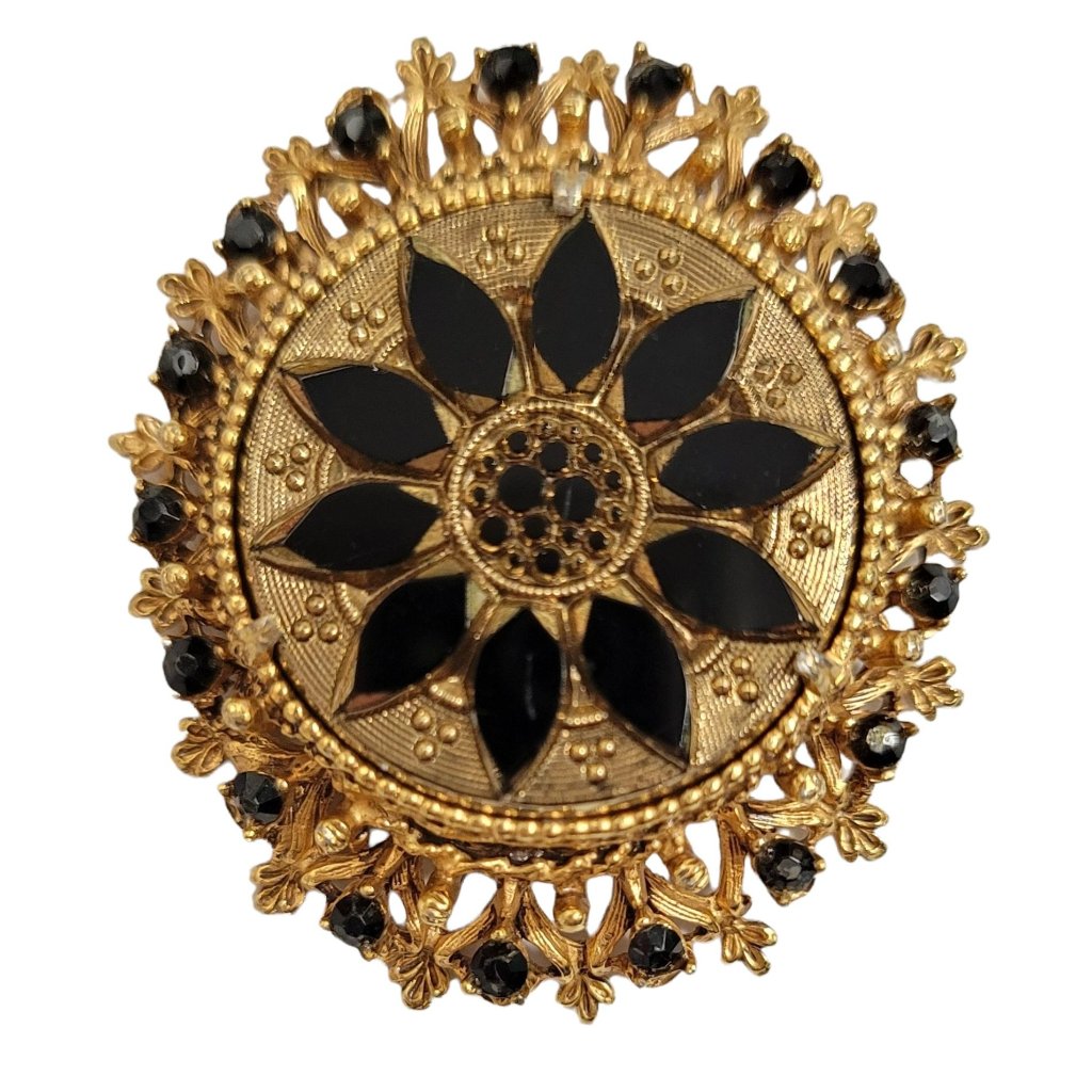 Florenza Vintage Gold Tone Black Glass Rhinestone Victorian Style Brooch Signed 104$